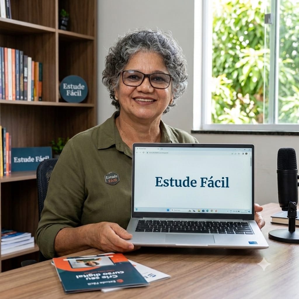 Professora do Estude Fácil mostrando o laptop com o nome Estude Fácil na tela